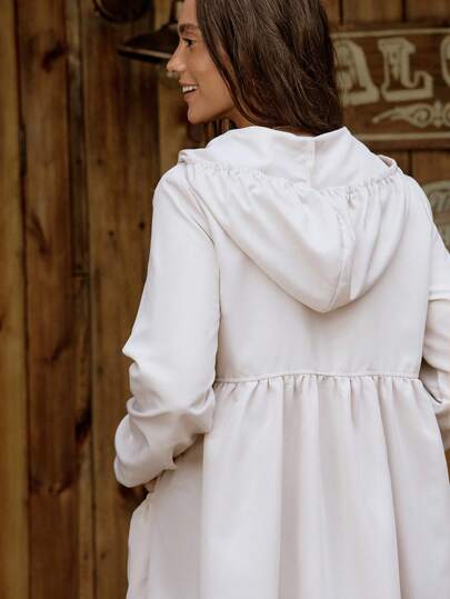SHEIN LUNE معطف طويل كاجوال فضفاض بجيب وقلنسوة، أكمام طويلة لون أحادي للنساء في الخريف