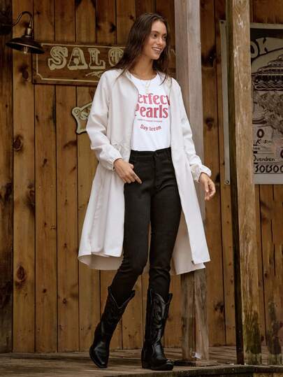 SHEIN LUNE معطف طويل كاجوال فضفاض بجيب وقلنسوة، أكمام طويلة لون أحادي للنساء في الخريف
