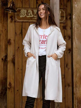 SHEIN LUNE معطف طويل كاجوال فضفاض بجيب وقلنسوة، أكمام طويلة لون أحادي للنساء في الخريف