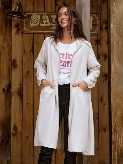 SHEIN LUNE معطف طويل كاجوال فضفاض بجيب وقلنسوة، أكمام طويلة لون أحادي للنساء في الخريف