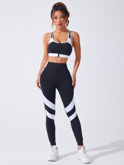 SHEIN Sport Studio دعاية للجيم ذات خصر قصير, ملابس علوية خزان بتصميم ظهر متقاطع ولون متباين ومع سروال ضيق, بدلة تمرين رياضي