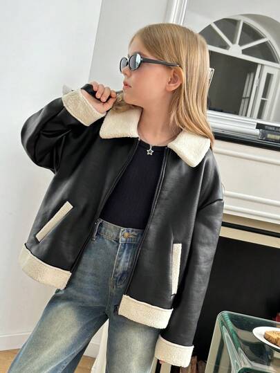 SHEIN Serisse Kids جاكيت دراجة نارية مبطنة للفتيات المراهقات ذات ألوان متباينة مناسبة للخريف/الشتاء، للارتداء اليومي