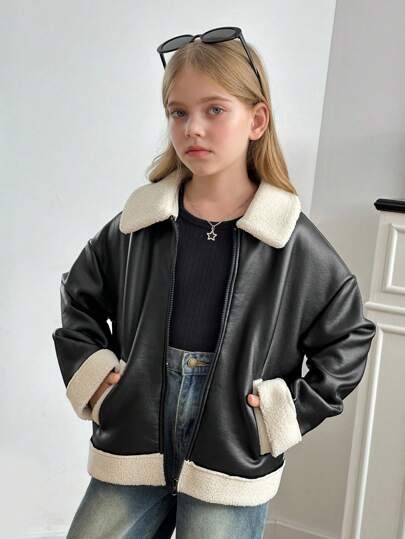 SHEIN Serisse Kids جاكيت دراجة نارية مبطنة للفتيات المراهقات ذات ألوان متباينة مناسبة للخريف/الشتاء، للارتداء اليومي