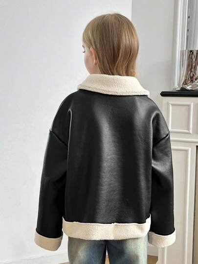 SHEIN Serisse Kids جاكيت دراجة نارية مبطنة للفتيات المراهقات ذات ألوان متباينة مناسبة للخريف/الشتاء، للارتداء اليومي