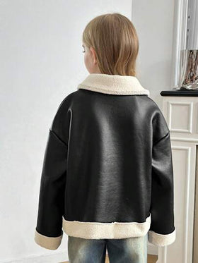 SHEIN Serisse Kids جاكيت دراجة نارية مبطنة للفتيات المراهقات ذات ألوان متباينة مناسبة للخريف/الشتاء، للارتداء اليومي