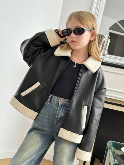 SHEIN Serisse Kids جاكيت دراجة نارية مبطنة للفتيات المراهقات ذات ألوان متباينة مناسبة للخريف/الشتاء، للارتداء اليومي
