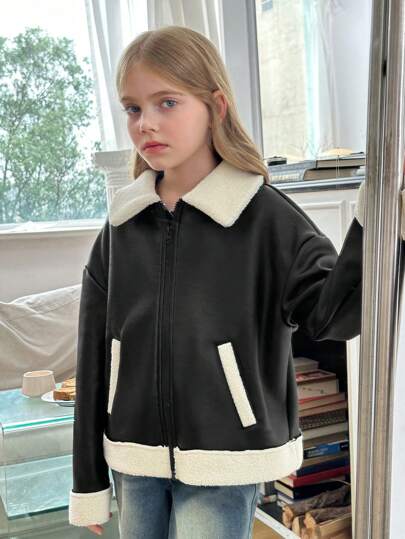 SHEIN Serisse Kids جاكيت دراجة نارية مبطنة للفتيات المراهقات ذات ألوان متباينة مناسبة للخريف/الشتاء، للارتداء اليومي