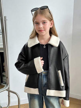 SHEIN Serisse Kids جاكيت دراجة نارية مبطنة للفتيات المراهقات ذات ألوان متباينة مناسبة للخريف/الشتاء، للارتداء اليومي