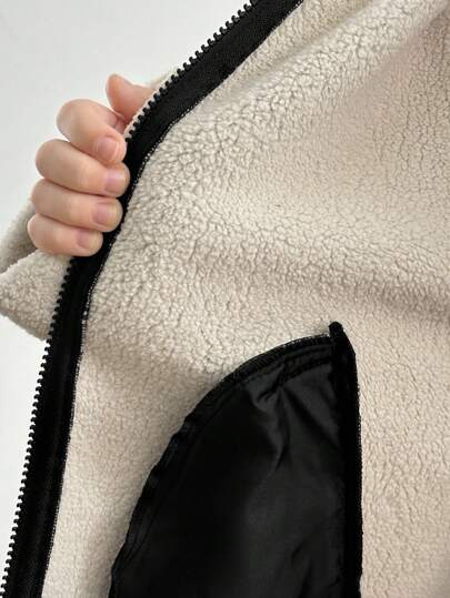 SHEIN Serisse Kids جاكيت دراجة نارية مبطنة للفتيات المراهقات ذات ألوان متباينة مناسبة للخريف/الشتاء، للارتداء اليومي