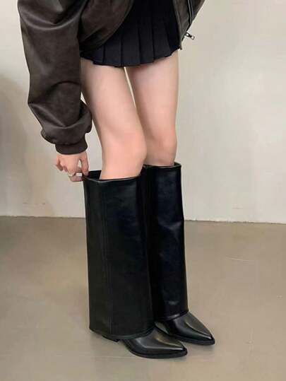 بوت طويلة حتى الركبة للنساء شتوية ، ذات أصبع مدبب ، كعب سميك ، عصرية، من جلد أسود ، عالية الجودة، سهلة الارتداء