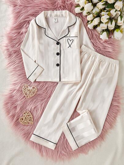 SHEIN Genkimix Kids طقم فتاة صغيرة كاردجان أكمام طويلة مخطط باللون الرغوي ،وسروال منزلي ، قطعتان