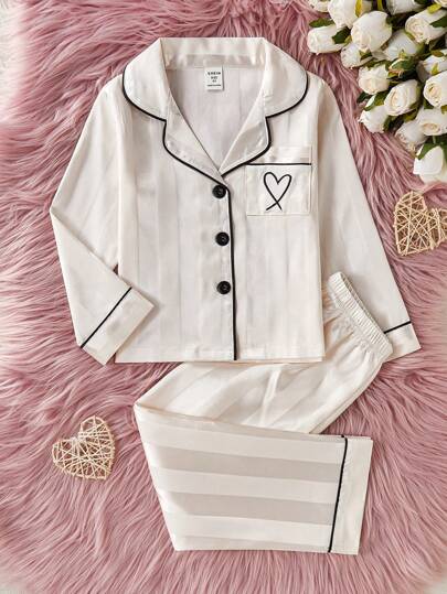 SHEIN Genkimix Kids طقم فتاة صغيرة كاردجان أكمام طويلة مخطط باللون الرغوي ،وسروال منزلي ، قطعتان