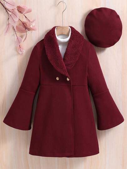 SHEIN معطف أحمر ذو طراز كلاسيكي للبنات المراهقات مع قبعة، للأعياد والأعياد الشتوية
