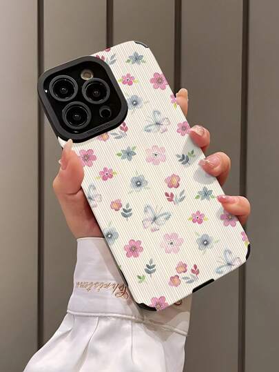 قطعة واحدة من الحالة الناعمة للهاتف مع طبعة فراشة زهرية طبيعية متوافقة مع iPhone و Samsung S15/S15 Plus/S15 Pro/S15 Pro Max