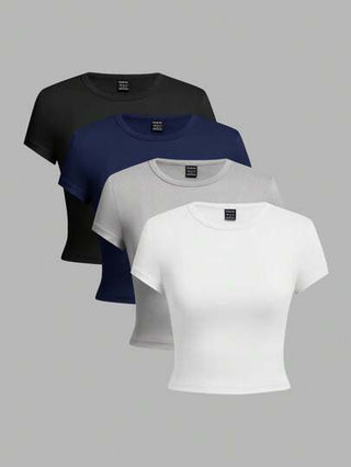 EZwear 4 قطع/مجموعة تيشيرتات نسائية كاجوال بأكمام قصيرة وياقة مستديرة وبدون أكتاف ضيقة الجسم، مناسبة للصيف