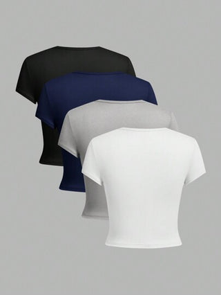 EZwear 4 قطع/مجموعة تيشيرتات نسائية كاجوال بأكمام قصيرة وياقة مستديرة وبدون أكتاف ضيقة الجسم، مناسبة للصيف