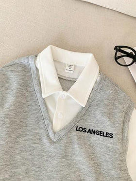 SHEIN 1 قطعة بلوزة رياضية بلون أبيض وأزرق فضفاضة بياقة على شكل حرف V لصبي كاجوال مناسبة للمدرسة، النزهات، فصل الخريف/الشتاء