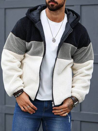 Manfinity Homme معطف هوديي كاجوال للرجال بسحاب أمامي وتصميم لوحات ملونة، هوديي سحاب للرجال، جاكيت فليس للرجال، هوديي لوحات ملونة، جاكيت شيربا للرجال، هوديي ألوان متباينة