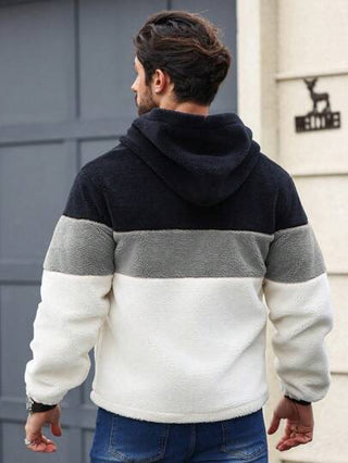 Manfinity Homme معطف هوديي كاجوال للرجال بسحاب أمامي وتصميم لوحات ملونة، هوديي سحاب للرجال، جاكيت فليس للرجال، هوديي لوحات ملونة، جاكيت شيربا للرجال، هوديي ألوان متباينة