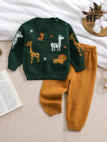 SHEIN Vintaside Kids مجموعة من 2 قطعة للأولاد الرضع، كنزة صوفية بياقة طاقم مطرزة برسومات حيوانية، وبنطلون مصنوع من الأبيض مع صفراء للخريف/الشتاء