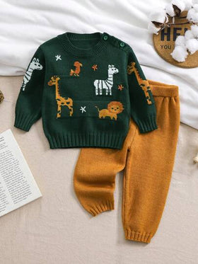 SHEIN Vintaside Kids مجموعة من 2 قطعة للأولاد الرضع، كنزة صوفية بياقة طاقم مطرزة برسومات حيوانية، وبنطلون مصنوع من الأبيض مع صفراء للخريف/الشتاء