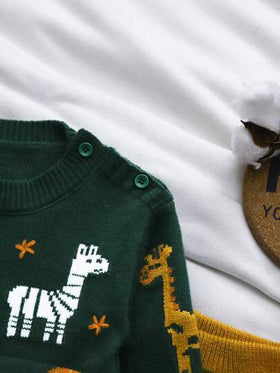 SHEIN Vintaside Kids مجموعة من 2 قطعة للأولاد الرضع، كنزة صوفية بياقة طاقم مطرزة برسومات حيوانية، وبنطلون مصنوع من الأبيض مع صفراء للخريف/الشتاء