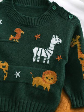 SHEIN Vintaside Kids مجموعة من 2 قطعة للأولاد الرضع، كنزة صوفية بياقة طاقم مطرزة برسومات حيوانية، وبنطلون مصنوع من الأبيض مع صفراء للخريف/الشتاء