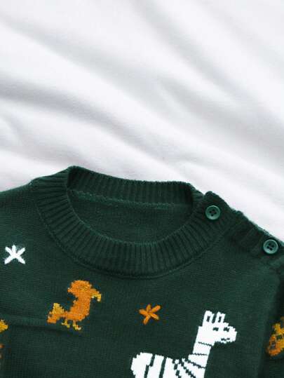 SHEIN Vintaside Kids مجموعة من 2 قطعة للأولاد الرضع، كنزة صوفية بياقة طاقم مطرزة برسومات حيوانية، وبنطلون مصنوع من الأبيض مع صفراء للخريف/الشتاء