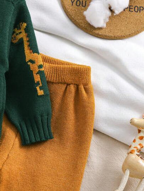 SHEIN Vintaside Kids مجموعة من 2 قطعة للأولاد الرضع، كنزة صوفية بياقة طاقم مطرزة برسومات حيوانية، وبنطلون مصنوع من الأبيض مع صفراء للخريف/الشتاء
