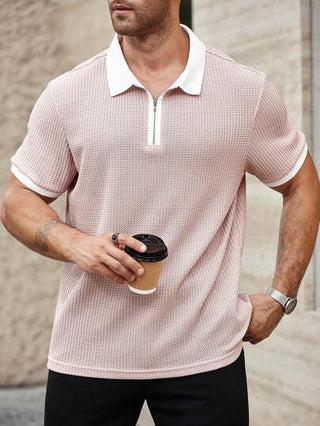 Manfinity Homme قميص بولو ذو طراز مقاسات كبيرة للرجال، لون مضاد، ياقة نصف سوستة، صيفي، للخروج