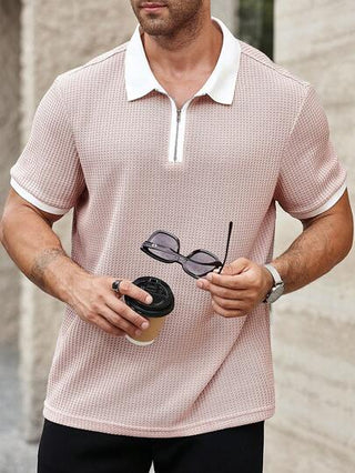 Manfinity Homme قميص بولو ذو طراز مقاسات كبيرة للرجال، لون مضاد، ياقة نصف سوستة، صيفي، للخروج