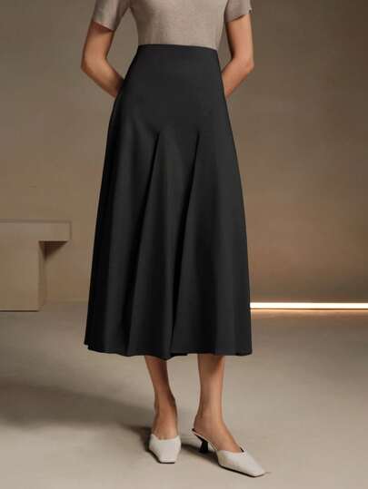 Anewsta تنورة مكتبية أنيقة للنساء ذات طيات غير متماثلة باللون الأحادي ماكسي