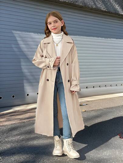SHEIN معطف طويل غير مربوط ذو ياقة مفرودة للفتيات المراهقات، بطراز عسكري كاجوال، للتنقل والأنشطة الخارجية