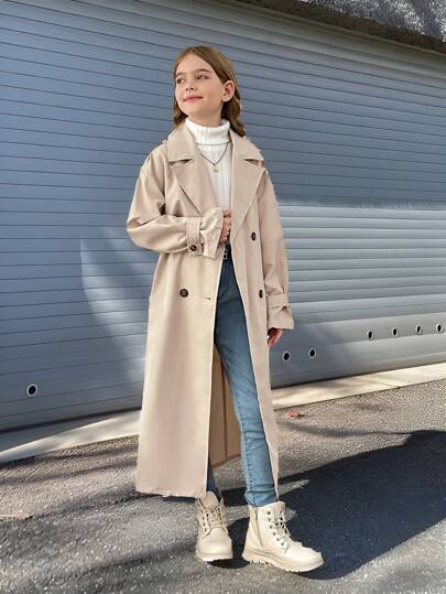 SHEIN معطف طويل غير مربوط ذو ياقة مفرودة للفتيات المراهقات، بطراز عسكري كاجوال، للتنقل والأنشطة الخارجية