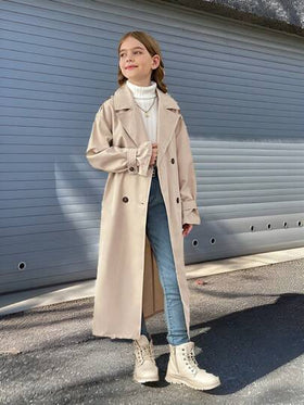 SHEIN معطف طويل غير مربوط ذو ياقة مفرودة للفتيات المراهقات، بطراز عسكري كاجوال، للتنقل والأنشطة الخارجية
