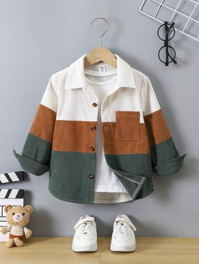 SHEIN Genkimix Kids معطف أطفال غير رسمي الجيب أمامي أزرار تلوين، خريف