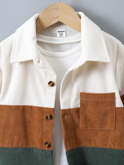 SHEIN Genkimix Kids معطف أطفال غير رسمي الجيب أمامي أزرار تلوين، خريف