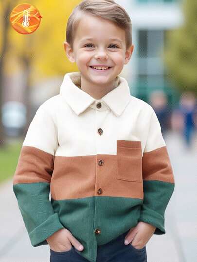 SHEIN Genkimix Kids معطف أطفال غير رسمي الجيب أمامي أزرار تلوين، خريف
