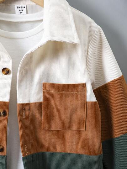 SHEIN Genkimix Kids معطف أطفال غير رسمي الجيب أمامي أزرار تلوين، خريف