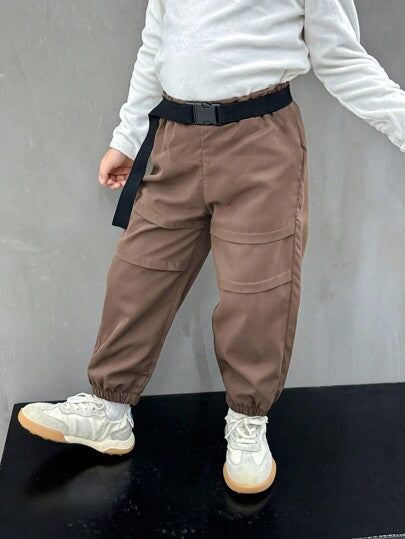 SHEIN Genkimix Kids بنطلون بخصر رباط مطوي مناسب للشباب، للراحة اليومية، الأنشطة الخارجية، السفر، المدرسة، خريف/شتاء، الهروب، العطلات، الاسترخاء، التشمس، الصيف
