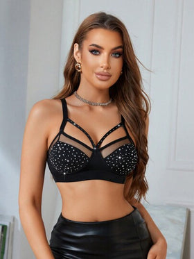 MidnightGlam قطعة واحدة حمالة صدر لاسلكية مرصعة بالراين ستون من الحرير الحليبي للنساء، ريف