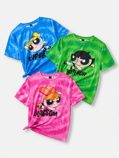 ملابس بناتي THE POWERPUFF GIRLS X  مجموعة تيشرت طاقم رقبة محبوك بشعار كرتوني بطبعة صبغ ربطي بقلب ثلاثي اللون والحلزون للفتيات المراهقات