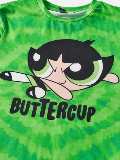 ملابس بناتي THE POWERPUFF GIRLS X  مجموعة تيشرت طاقم رقبة محبوك بشعار كرتوني بطبعة صبغ ربطي بقلب ثلاثي اللون والحلزون للفتيات المراهقات