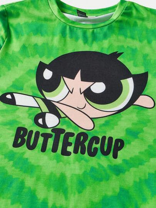 ملابس بناتي THE POWERPUFF GIRLS X  مجموعة تيشرت طاقم رقبة محبوك بشعار كرتوني بطبعة صبغ ربطي بقلب ثلاثي اللون والحلزون للفتيات المراهقات