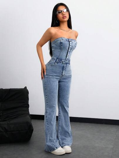 SHEIN ICON جمبسوت جينز كاجوال مع ملابس علوية عبارة وأرجل واسعة للنساء
