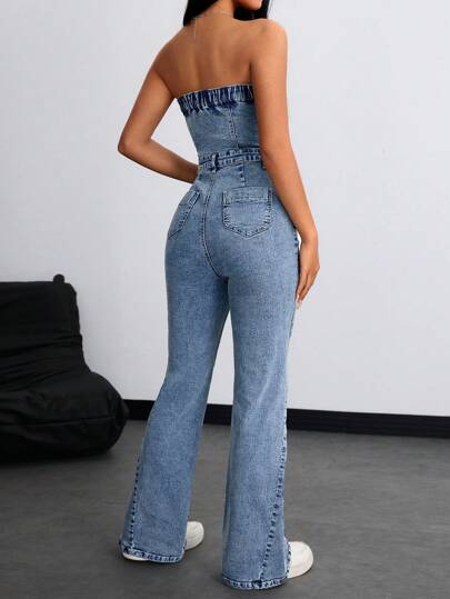 SHEIN ICON جمبسوت جينز كاجوال مع ملابس علوية عبارة وأرجل واسعة للنساء