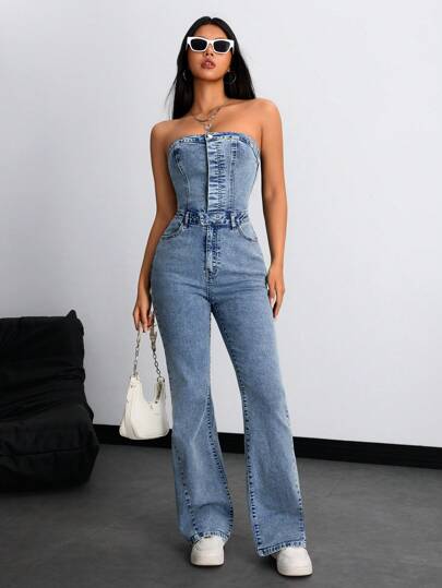 SHEIN ICON جمبسوت جينز كاجوال مع ملابس علوية عبارة وأرجل واسعة للنساء