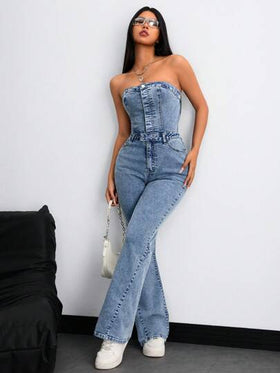 SHEIN ICON جمبسوت جينز كاجوال مع ملابس علوية عبارة وأرجل واسعة للنساء