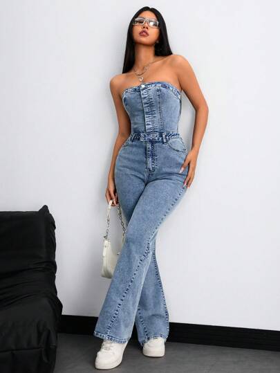 SHEIN ICON جمبسوت جينز كاجوال مع ملابس علوية عبارة وأرجل واسعة للنساء