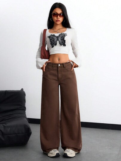 SHEIN ICON بناطيل جينز كاجوال للنساء بجيب وأزرار أمامية باللون الموحد
